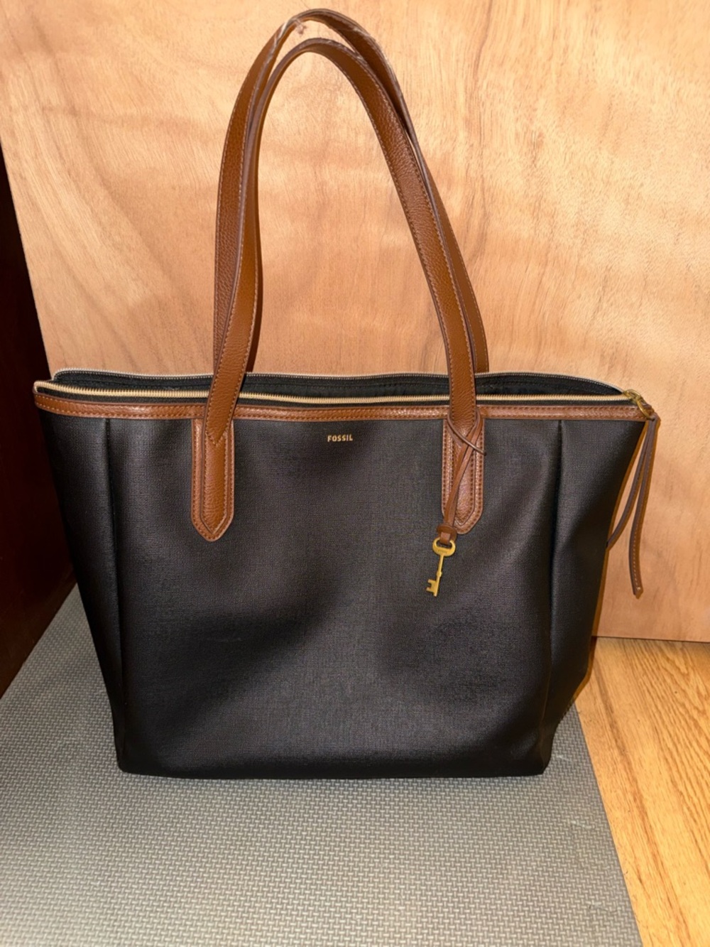 Fossil Black Tote with Brown Leather Accents